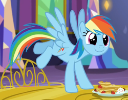 Size: 1183x925 | Tagged: safe, screencap, rainbow dash, pegasus, pony, castle sweet castle, g4, bucking, c:, cute, dashabetes, female, food, happy, mare, pancakes, reaction image, smiling, solo, spread wings, strawberry, wide eyes