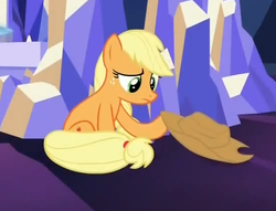 Size: 547x419 | Tagged: safe, screencap, applejack, earth pony, pony, castle sweet castle, g4, female, frown, hat, mare, reaction image, sad, sitting, solo