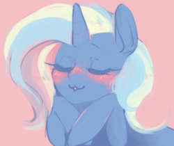 Size: 1023x861 | Tagged: artist needed, safe, trixie, pony, unicorn, g4, blushing, eyes closed, female, kissy face, pink background, simple background, solo