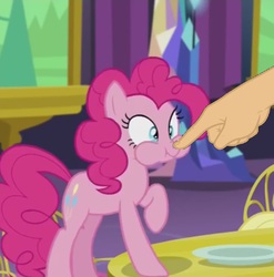 Size: 670x677 | Tagged: safe, edit, screencap, pinkie pie, castle sweet castle, g4, boop, boop edit, cute, diapinkes, finger, hand, puffy cheeks