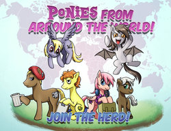 Size: 1024x787 | Tagged: safe, artist:nauth, oc, oc only, oc:classic m, oc:daring pon3, oc:dying ember, oc:liquid sunshine, oc:lost thoughs, oc:nauth, bat pony, earth pony, pegasus, pony, briny, herd, join the herd, world