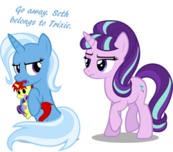 Size: 3129x2747 | Tagged: safe, artist:zacatron94, starlight glimmer, trixie, twilight sparkle, oc, oc:sethisto, alicorn, pony, g4, the cutie map, dialogue, female, high res, hilarious in hindsight, mare, plushie, s5 starlight, sethisto, sethxie, simple background, transparent background, twilight sparkle (alicorn), vector