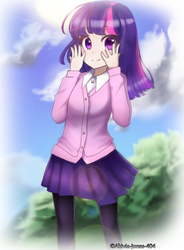Size: 1073x1460 | Tagged: dead source, safe, artist:akivia-jones-404, twilight sparkle, human, g4, cardigan, clothes, cute, female, humanized, looking at you, skirt, solo, stockings, thigh highs, twiabetes