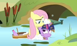 Size: 924x550 | Tagged: safe, artist:dm29, fluttershy, twilight sparkle, castle sweet castle, g4, alternate scenario, bath, bathing, duo, duo female, female, mud, outdoors, river, scrubbing