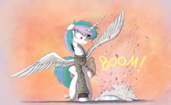 Size: 2000x1229 | Tagged: safe, artist:ncmares, princess celestia, alicorn, pony, ask majesty incarnate, castle sweet castle, g4, arizona state university, female, hidden confetti cannon, mare, pillow, solo