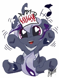 Size: 400x527 | Tagged: safe, artist:pen-mightier, oc, oc only, oc:twilight aurelia, changeling, cute, heart eyes, hug, hug request, purple changeling, solo, strategically covered, tail censor, wingding eyes