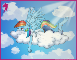 Size: 4768x3750 | Tagged: safe, artist:blackgryph0n, artist:greenlinzerd, rainbow dash, pegasus, anthro, unguligrade anthro, g4, absurd resolution, clothes, cloud, cloudy, dock, extra pony, female, fluffy, frown, midriff, morning ponies, morning wing, morning wood, prone, sleepy, solo, underhoof, wingboner