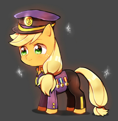 Size: 1190x1218 | Tagged: safe, artist:merryyy87, applejack, colonel purple dart, earth pony, pony, g4, testing testing 1-2-3, ancient wonderbolts uniform, badge, clothes, cute, female, freckles, gray background, hat, jackabetes, mare, simple background, smiling, solo, suit