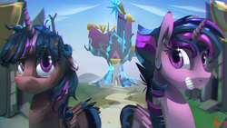 Size: 3556x2000 | Tagged: safe, artist:alumx, twilight sparkle, alicorn, pony, castle sweet castle, g4, alternate hairstyle, chromatic aberration, female, high res, mare, messy mane, punklight sparkle, solo, twilight sparkle (alicorn), twilight's castle