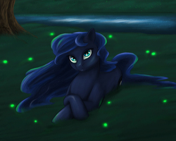 Size: 1280x1024 | Tagged: safe, artist:comsing8, princess luna, earth pony, firefly (insect), pony, g4, female, race swap, solo