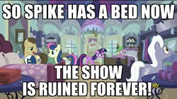 Size: 1280x720 | Tagged: safe, edit, edited screencap, screencap, bon bon, davenport, royal riff, spike, sweetie drops, twilight sparkle, alicorn, earth pony, pony, castle sweet castle, g4, bed, female, image macro, joke, male, mare, meme, quills and sofas, ruined forever, stallion, twilight sparkle (alicorn)