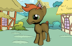 Size: 906x578 | Tagged: safe, artist:darth-silas, button mash, earth pony, pony, button's adventures, ponylumen, g4, 3d, 3d pony creator, colt, grin, hatless, missing accessory, ponyville, vector