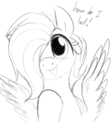 Size: 493x542 | Tagged: dead source, safe, artist:dotkwa, fluttershy, pegasus, pony, g4, cute, female, grayscale, hair over one eye, looking at you, mare, monochrome, open mouth, short hair, short mane, shyabetes, simple background, smiling, solo, spread wings, talking to viewer, white background