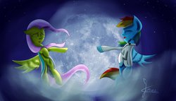 Size: 1182x675 | Tagged: safe, artist:jorge123esp, fluttershy, rainbow dash, the count of monte rainbow, g4, clothes, crying, drama, edmond dantes, fluttercedes, full moon, i will be there, interpretation, mercedes, moon, musical, night, parody, rainbow dantes, scene parody, shycedes, signature, stars, the count of monte cristo