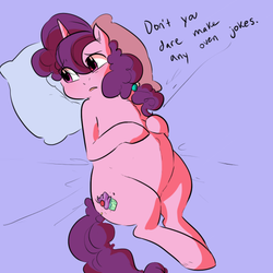 Size: 540x540 | Tagged: safe, artist:glacierclear, artist:jeremystorm, sugar belle, pony, unicorn, g4, belly, blushing, bun in the oven, chest fluff, colored, cute, embarrassed, female, fluffy, frown, hilarious in hindsight, looking away, on back, pregnant, sensibly-proportioned pregnancy, solo, sugarbetes