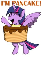 Size: 697x969 | Tagged: safe, artist:wordsandpunctuation, twilight sparkle, alicorn, pony, castle sweet castle, g4, bipedal, colored, cute, eyes closed, female, happy, i'm pancake, mare, open mouth, pancakes, smiling, solo, spread wings, twilight sparkle (alicorn)