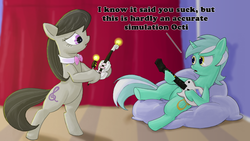 Size: 1400x788 | Tagged: safe, artist:rocketknightgeek, lyra heartstrings, octavia melody, pony, g4, artifact, beanbag chair, bipedal, dialogue, electric guitar, guitar, musical instrument, violin