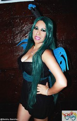 Size: 764x1200 | Tagged: safe, artist:dashcosplay, queen chrysalis, human, g4, cleavage, clothes, cosplay, dress, female, irl, irl human, photo