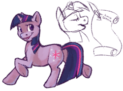 Size: 700x521 | Tagged: safe, artist:kaceymeg, twilight sparkle, g4, female, looking at you, looking back, open mouth, quill, raised hoof, raised leg, scroll, smiling, solo, underhoof