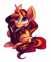 Size: 1280x1576 | Tagged: safe, artist:askpopcorn, sunset shimmer, pony, unicorn, g4, book, cute, female, journey book, mare, shimmerbetes, simple background, sitting, solo, white background