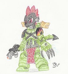 Size: 1024x1109 | Tagged: safe, artist:sensko, spike, g4, armor, crossover, flamer, flamethrower, gun, lightning claw, male, palette swap, pencil drawing, power armor, salamanders, solo, space marine, traditional art, warhammer (game), warhammer 30k, warhammer 40k, weapon