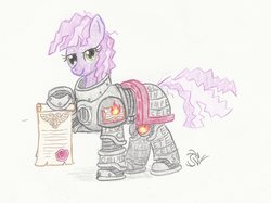 Size: 1827x1368 | Tagged: safe, artist:sensko, cheerilee, earth pony, pony, g4, 80s, 80s cheerilee, alternate hairstyle, crossover, female, heresy, mare, pencil drawing, ponified, power armor, solo, space marine, traditional art, warhammer (game), warhammer 30k, warhammer 40k, word bearers