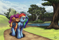 Size: 1800x1231 | Tagged: safe, artist:zevironmoniroth, rainbow dash, scootaloo, pegasus, pony, g4, birch tree, lidded eyes, ponies riding ponies, riding, scenery, scootaloo riding rainbow dash, tree, water