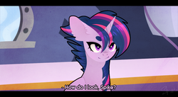 Size: 1037x568 | Tagged: safe, artist:libidon, twilight sparkle, alicorn, pony, castle sweet castle, g4, alternate hairstyle, female, mare, punklight sparkle, scene interpretation, solo, twilight sparkle (alicorn)