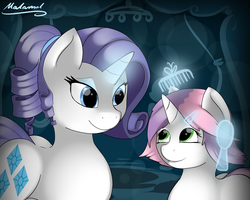 Size: 2500x2000 | Tagged: safe, artist:malamol, rarity, sweetie belle, pony, unicorn, g4, alternate hairstyle, female, high res, levitation, magic, short hair, sisters