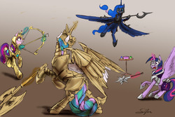 Size: 1280x853 | Tagged: safe, artist:silfoe, princess cadance, princess celestia, princess luna, twilight sparkle, alicorn, pony, royal sketchbook, alicorn tetrarchy, alternate hairstyle, armor, arrow, axe, battle axe, bow (weapon), bow and arrow, female, fight, flying, gritted teeth, mace, magic, mare, morning star, open mouth, polearm, rearing, sisters-in-law, sparring, spear, spread wings, telekinesis, twilight sparkle (alicorn), war axe, warrior cadance, warrior celestia, warrior luna, warrior twilight sparkle, weapon, wide eyes
