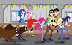 Size: 2560x1600 | Tagged: safe, artist:eninejcompany, part of a set, applejack, fluttershy, pinkie pie, rainbow dash, rarity, sci-twi, twilight sparkle, oc, equestria girls, g4, background human, bulls, bunting, cape, clothes, equestria girls around the world, fence, flag, high heels, humane five, humane six, part of a series, running with the bulls, shoes, spain, twilight sparkle (alicorn)
