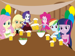 Size: 1840x1390 | Tagged: safe, artist:eninejcompany, applejack, fluttershy, pinkie pie, rainbow dash, rarity, twilight sparkle, equestria girls, g4, alcohol, balloon, beer, clothes, dirndl, dress, food, germany, hat, hilarity ensues, humane five, humane six, looking at you, oktoberfest, salad, this will end in tears, twilight sparkle (alicorn), underaged drinking
