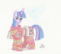 Size: 1680x1497 | Tagged: safe, artist:sensko, owlowiscious, twilight sparkle, pony, unicorn, g4, armor, crossover, female, librarian, mare, pencil drawing, power armor, space marine, thousand sons, traditional art, unicorn twilight, warhammer (game), warhammer 30k, warhammer 40k