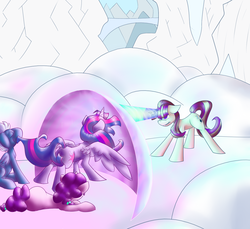 Size: 1200x1100 | Tagged: safe, artist:solipsus, night glider, starlight glimmer, sugar belle, twilight sparkle, alicorn, pony, g4, the cutie map, female, magic, mare, scene interpretation, snow, twilight sparkle (alicorn)