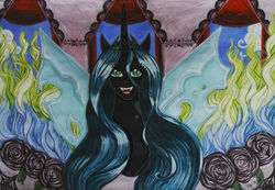 Size: 2447x1692 | Tagged: safe, artist:angel-gotic, queen chrysalis, changeling, changeling queen, g4, black rose, female, fire, flower, rose, smiling, solo, traditional art