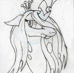 Size: 1417x1392 | Tagged: safe, artist:dgcdvaras, queen chrysalis, changeling, changeling queen, g4, female, monochrome, solo