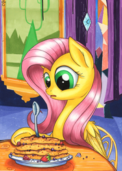 Size: 2432x3416 | Tagged: safe, artist:yellowrobin, fluttershy, castle sweet castle, g4, female, high res, pancakes, solo, spoon, traditional art
