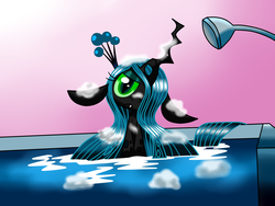 Size: 1600x1200 | Tagged: safe, artist:lovehtf421, queen chrysalis, changeling, changeling queen, nymph, g4, angry, bath, bathtub, crown, cute, cutealis, female, filly, filly queen chrysalis, frown, jewelry, looking at you, madorable, regalia, shower, solo, water, wet, younger