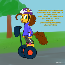 Size: 1000x1000 | Tagged: safe, artist:empyu, cheese sandwich, pony, g4, bipedal, clothes, elbow pads, helmet, knee pads, looking at you, male, segway, solo, song reference, they see me rollin', weird al yankovic, white and nerdy