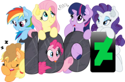 Size: 1023x669 | Tagged: safe, artist:dfectivedvice, artist:midnightblitzz, applejack, fluttershy, pinkie pie, rainbow dash, rarity, twilight sparkle, g4, 100, deviantart, ear fluff, mane six, simple background, transparent background