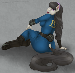 Size: 8333x8063 | Tagged: safe, artist:phathusa, octavia melody, earth pony, anthro, unguligrade anthro, fallout equestria, g4, absurd resolution, boots, clothes, dock, fallout, female, headband, hoof boots, jumpsuit, lipstick, looking at you, makeup, pinup, pipboy, pipbuck, pose, solo, vault suit
