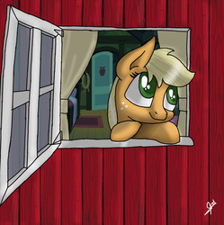 Size: 1863x1870 | Tagged: safe, artist:stoneware13, applejack, g4, daydream, female, hatless, missing accessory, solo, window