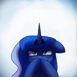 Size: 1200x1200 | Tagged: safe, artist:anticular, princess luna, alicorn, pony, ask sunshine and moonbeams, g4, female, floppy ears, gendo pose, gradient background, grin, mare, smiling, smirk, solo