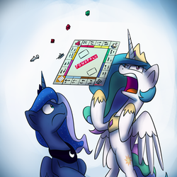 Size: 1200x1200 | Tagged: safe, artist:anticular, princess celestia, princess luna, alicorn, pony, ask sunshine and moonbeams, g4, board game, duo, duo female, female, mare, monopoly, peytral, rage quit