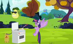 Size: 3500x2100 | Tagged: safe, artist:a4r91n, twilight sparkle, alicorn, pony, robot, g4, bored, cooking, egg (food), female, floating, flying, food, fruit, frying pan, gas tank, giant robot, high res, magic, mare, pear, pumpkin, spatula, stove, sunglasses, telekinesis, twilight sparkle (alicorn), vector, wat
