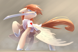 Size: 1748x1181 | Tagged: safe, artist:underpable, oc, oc only, oc:sacred heart, pegasus, pony, armor, mouth hold, solo, sword
