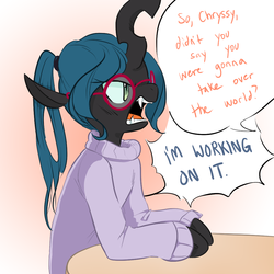 Size: 1000x1000 | Tagged: safe, artist:adequality, artist:glacierclear, artist:glacierclear edits, edit, queen chrysalis, changeling, changeling queen, g4, alternate hairstyle, clothes, dork, dorkalis, female, glasses, nerd, sweater