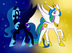 Size: 2508x1873 | Tagged: safe, artist:mlpartistcolour, nightmare moon, princess celestia, g4, looking at each other