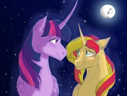 Size: 1024x778 | Tagged: safe, artist:starrynightpastelday, sunset shimmer, twilight sparkle, alicorn, pony, unicorn, g4, curved horn, female, horn, lesbian, mare, night, realistic anatomy, ship:sunsetsparkle, shipping, twilight sparkle (alicorn)