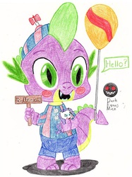 Size: 595x797 | Tagged: safe, artist:darkman224, rarity, spike, five nights at aj's, g4, balloon boy, balloon dragon spike, balloon spike, five nights at aj's 2, five nights at freddy's, five nights at freddy's 2, rarity plushie, traditional art